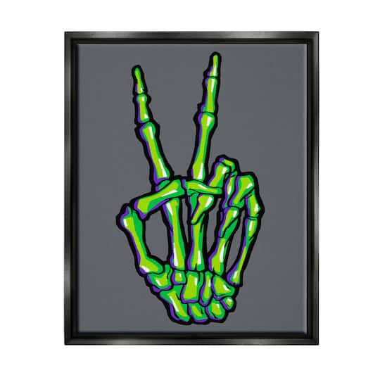 Stupell Industries Green Skeleton Peace Hand Framed Floater Canvas Wall Art